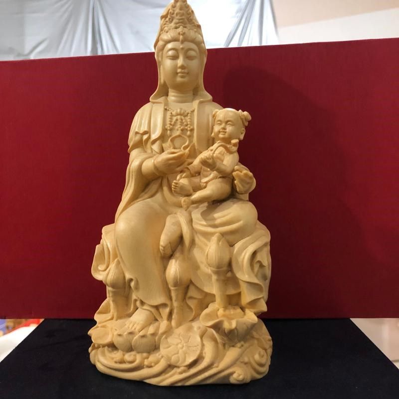 进口桧木雕送子观音菩萨实木摆件家用佛堂供奉装饰注好孕注生娘娘