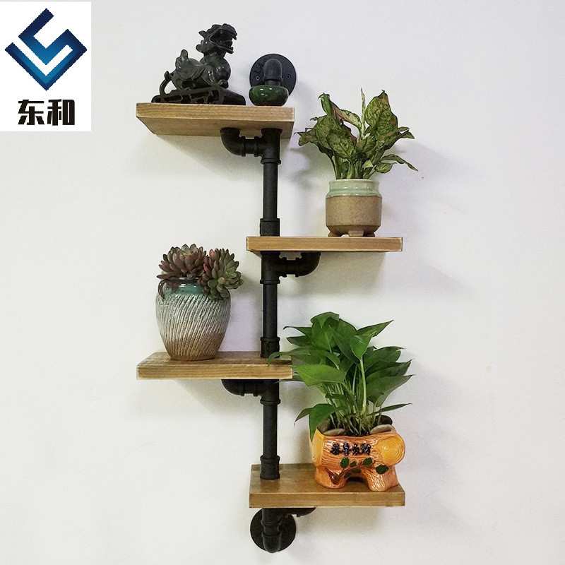创意复古铁艺墙上水管置物架 实木壁挂书架墙壁一字隔板装饰花架
