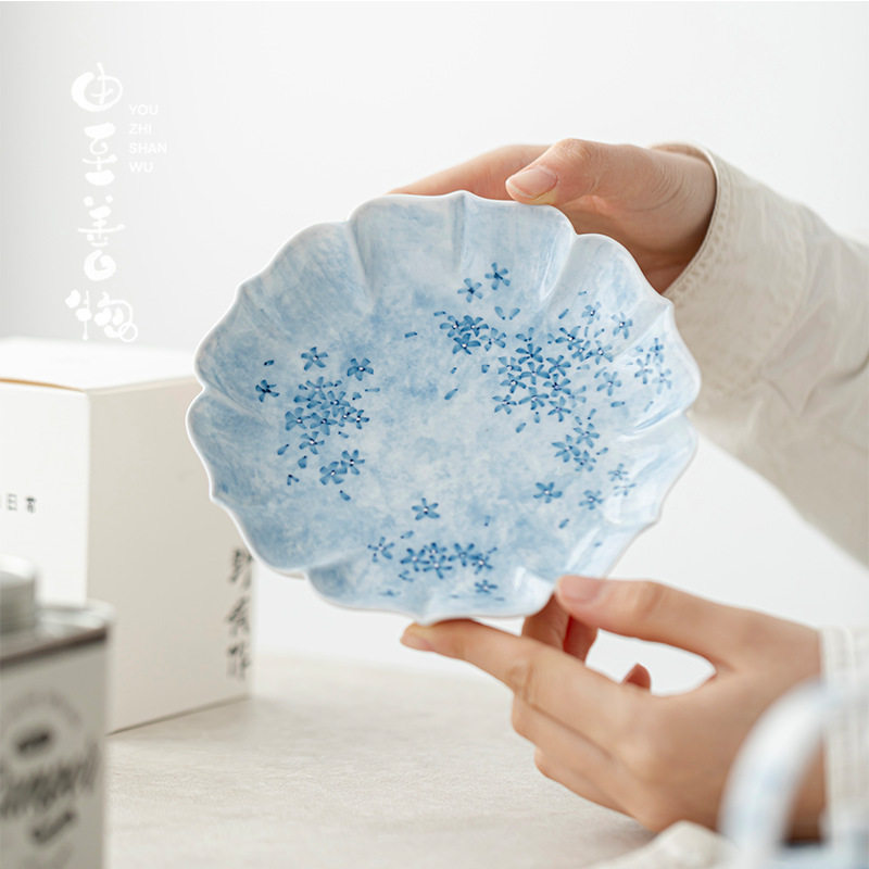 由至白瓷手绘蓝卉壶承家用陶瓷干泡盘小茶台茶点盘盖碗茶壶垫子
