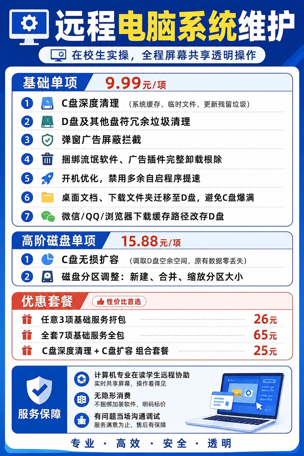 远程电脑C盘清理系统优化 硬盘刻录盘个性化服务