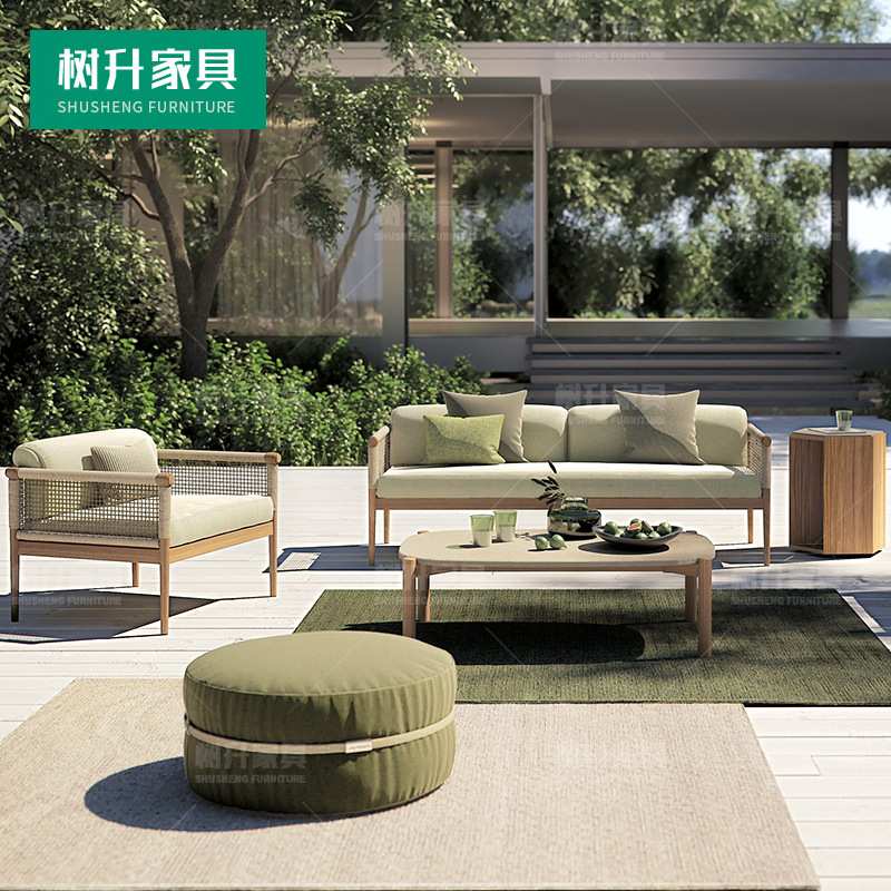 树升家具户外休闲柚木沙发编织工艺茶几组合室外阳台绳编藤编沙发
