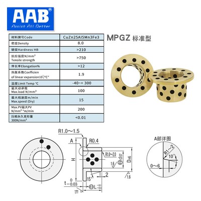 现货孔6-15法兰止推型自润滑无油石墨铜衬套互换米*MPGZ OFP01
