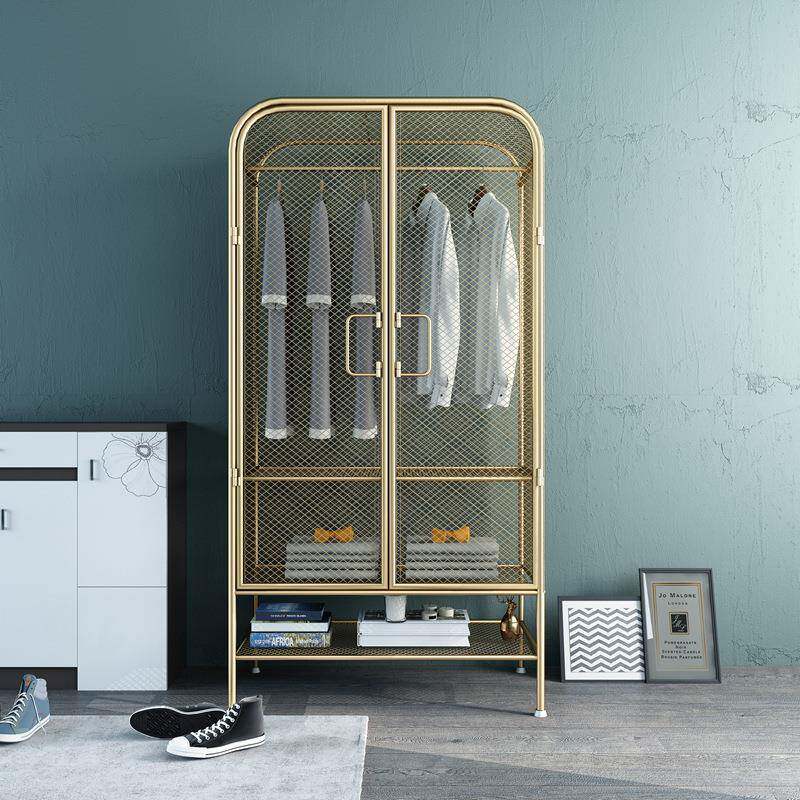 北欧卧室金色网格挂衣柜 简约小户型可见单人衣橱 家用铁艺衣柜子