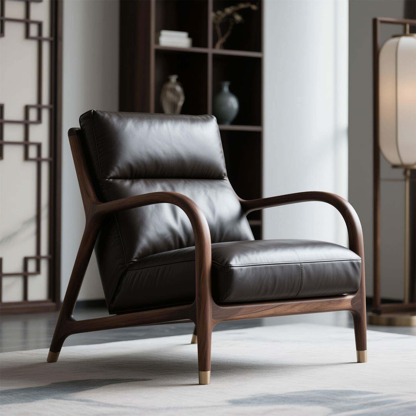 北美黑胡桃木实木椅单人真皮沙发椅客厅简约高端新中式休闲椅家具
