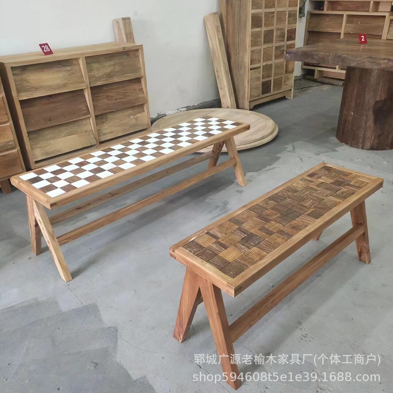 老榆木长凳棋盘格拼花长条凳侘寂风民宿实木床尾凳简约家用餐桌凳