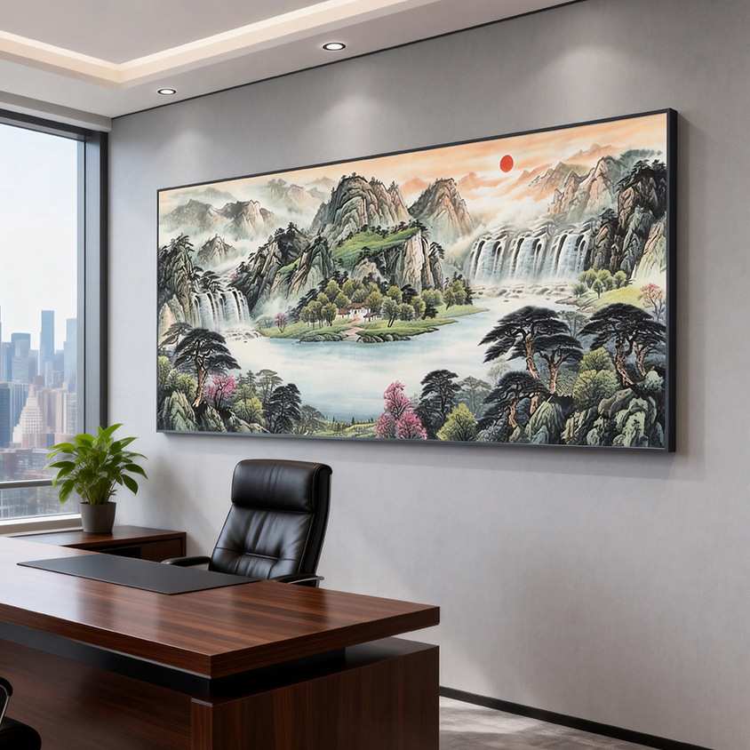 海纳百川山水装饰画新中式办公室字画国画风景客厅沙发背景墙挂画