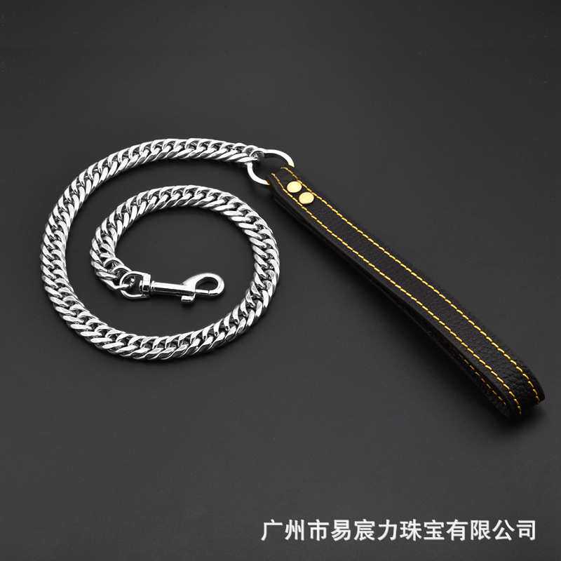 厂家直销17MM宽双支六面磨热销款钛钢不锈钢宠物狗链真皮狗牵引绳