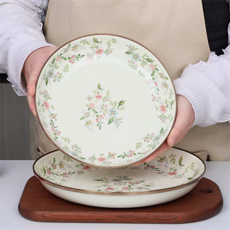 特厚搪瓷深盘芳香花搪瓷茶盘家用果盘食品级不锈钢包边菜碟平B&r