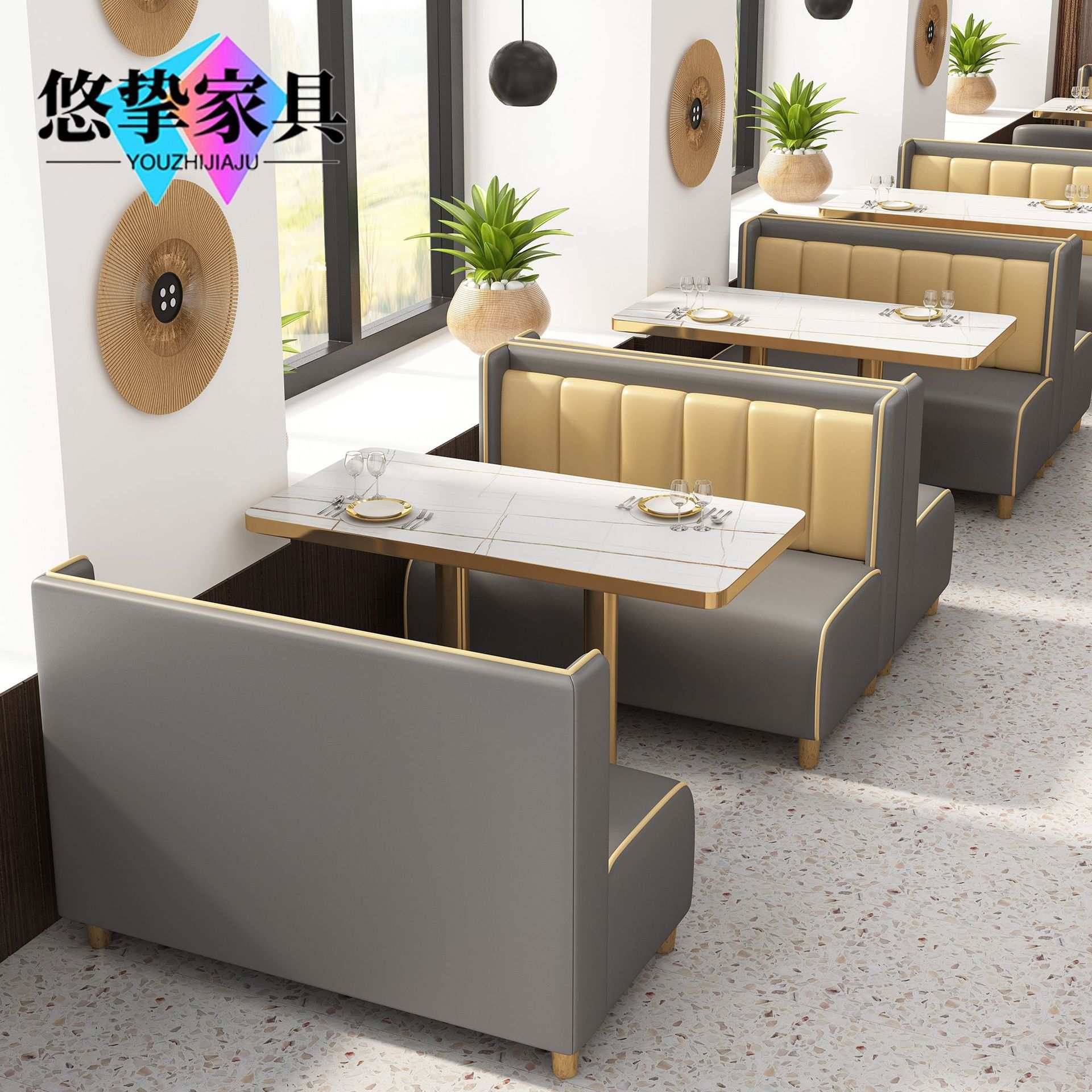 网红西餐咖啡厅卡座餐饮沙发靠墙休闲汉堡火锅奶茶甜品店桌椅组合