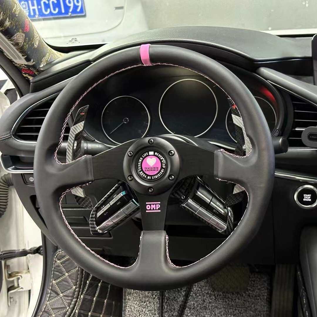汽车改装真皮方向盘JDM个性13寸14寸运动少女粉快拆OMP模拟器钛盘