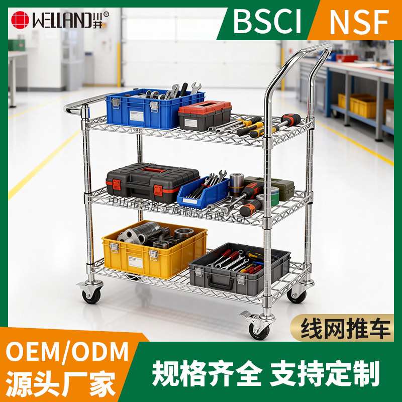 欧美热推现代简易安装拆卸防锈电镀高承重三层双把手线网工业推车