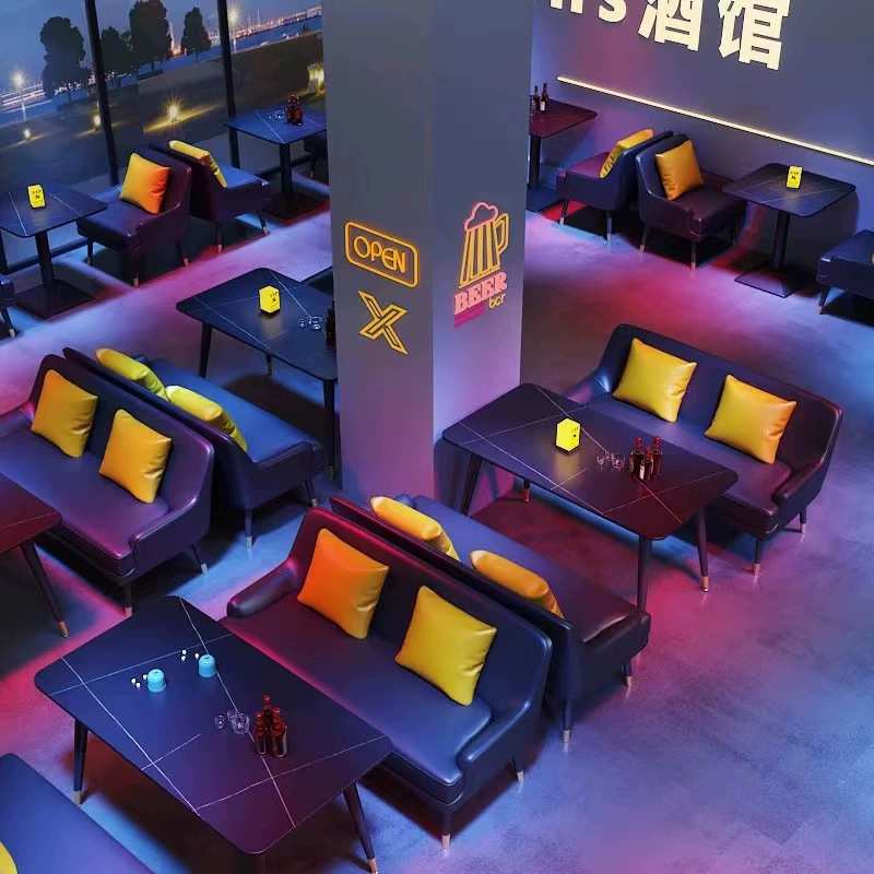 网红简约皮艺沙发现代轻奢风酒吧餐吧卡座餐厅沙发桌椅组合一体式