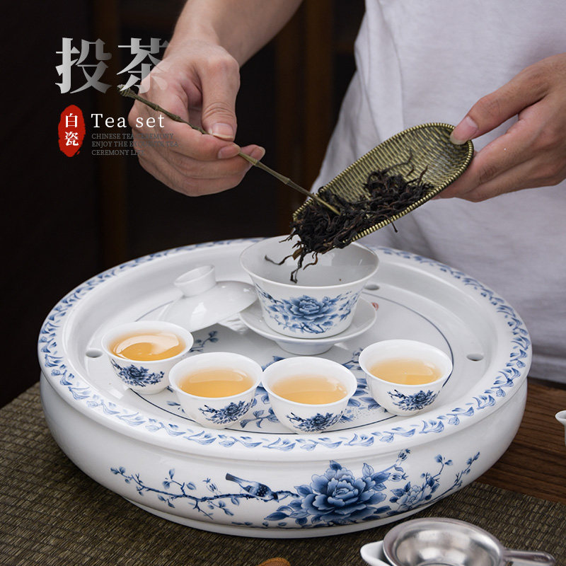 潮汕功夫茶 茶具套装 白色玉瓷青花瓷 整套带圆形陶瓷茶盘家用