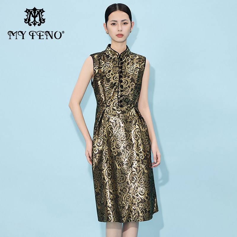 马天奴金色印花新中式皮旗袍裙