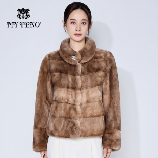 外套奢品贵气时尚 马天奴2025新款 咖色立领钻扣水貂毛皮草大衣短款