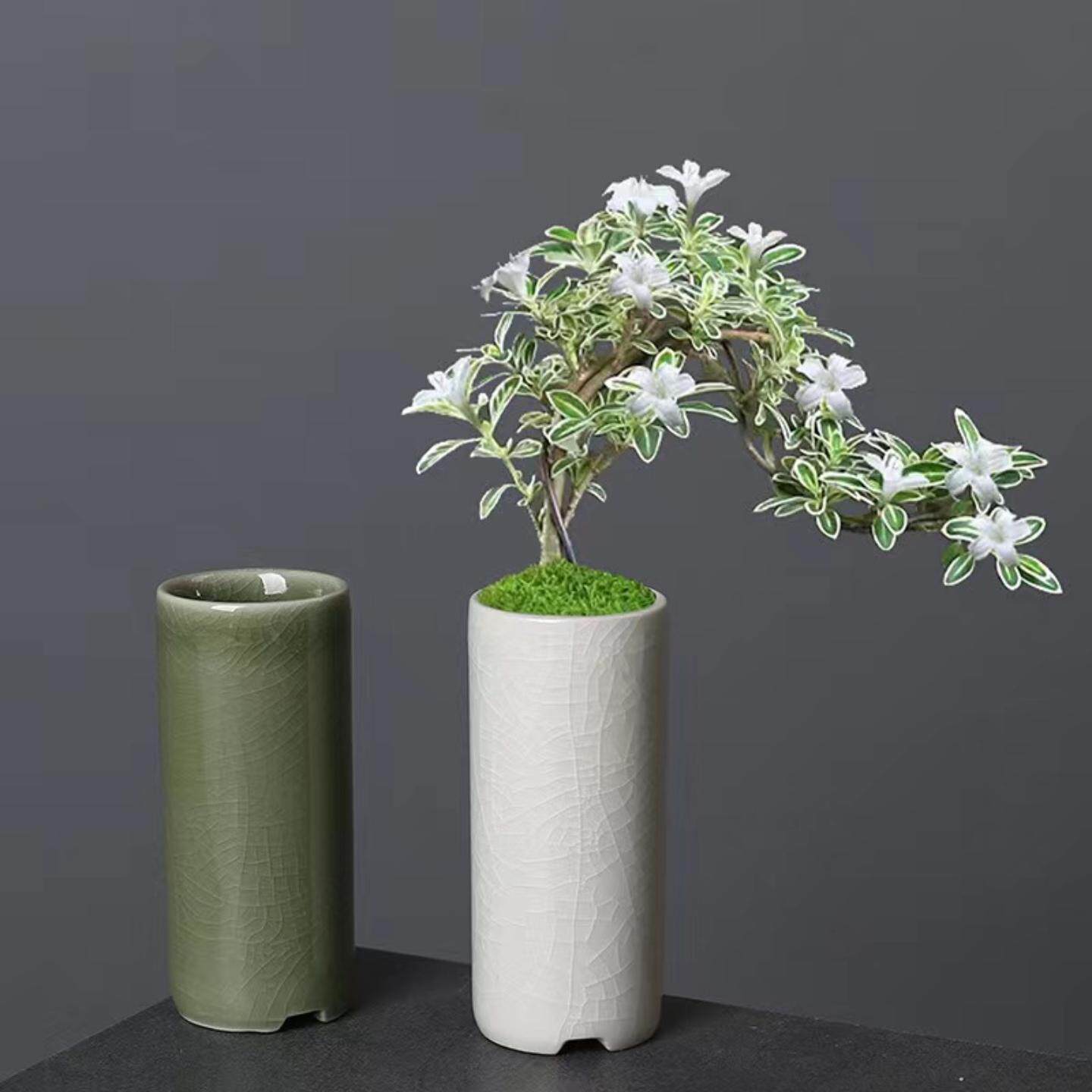 小直筒冰裂釉花盆多肉绿植竹柏酒店花器创意陶瓷桌面盆栽有孔