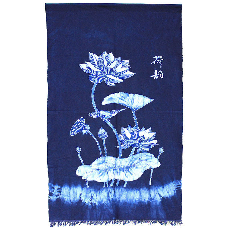韵染装饰画荷蜡布艺中帘带流苏蓝染背景画扎染风格挂画客厅门式画