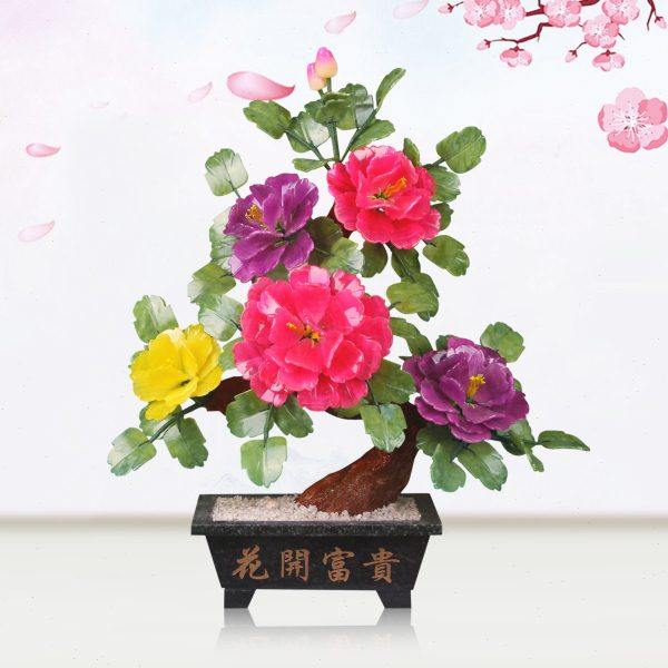 玉石牡丹花客厅家居装饰品酒柜玄关装饰玉雕工艺品新中式盆景摆件