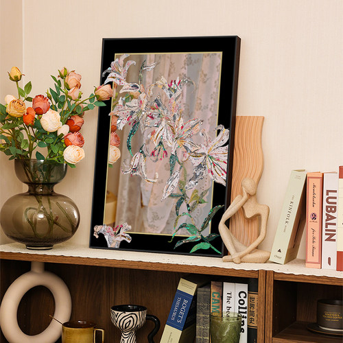 中古风花卉镜子画客厅装饰画法式餐厅玄关挂画高级感彩色桌面摆画