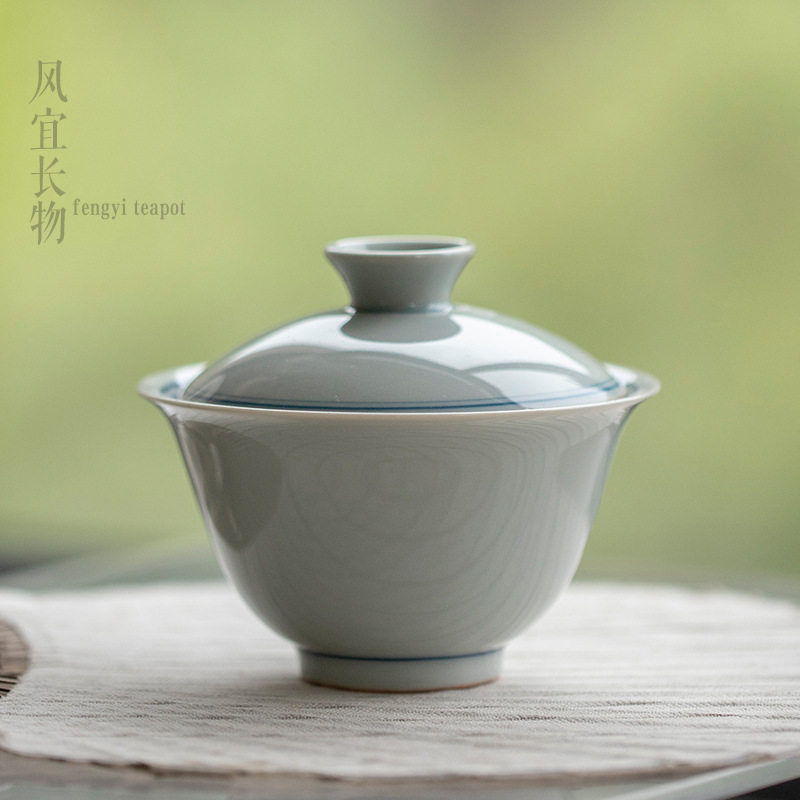 复古手绘双线二才盖碗家用陶瓷泡茶碗仿古青釉下彩单个盖杯泡茶器