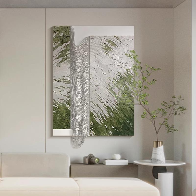 现代简约客厅挂画高档立体皮雕装置画抽象手绘肌理油画玄关画竖版