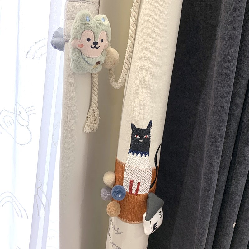 儿0房男女孩卡通深灰年光2童24遮新款雪尼尔卧室刺绣飘窗帘点点猫