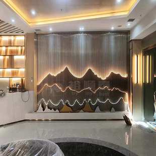 酒店玄关假山园林水景背景墙 金属山峦花格 制作不锈钢山水屏风