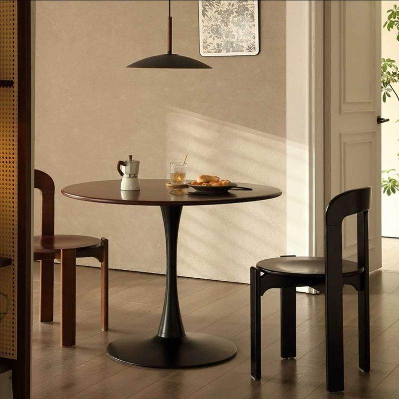 北欧复古郁金香胡桃圆形实木圆桌餐桌家用小户型咖啡阳台