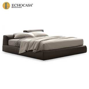 QS博尔顿ECHOCASA 北欧实木真皮床主卧现代简约1.8米双人床软靠包