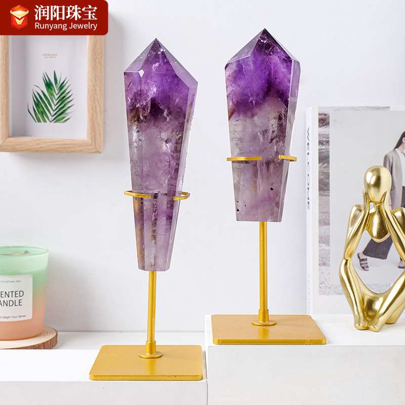 天然巴西紫水晶魔法权杖摆件紫晶骨干六角柱水晶塔家居装饰送底座