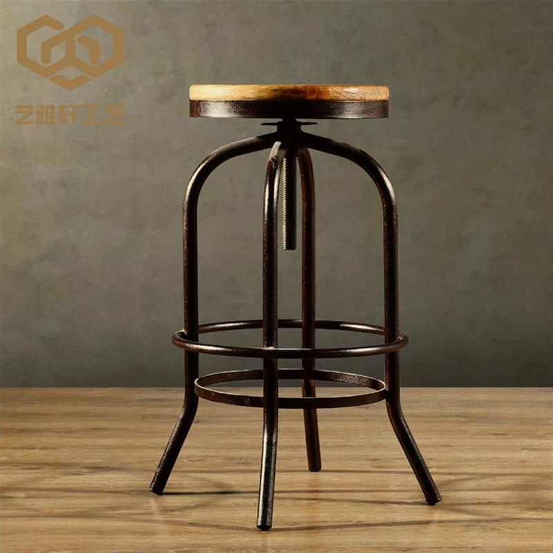 铁结构 升降旋转铁艺吧台椅实木靠背高脚酒吧椅复古休闲前台吧凳