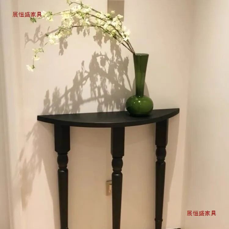 弧形轻奢实木玄关现代入户走廊展示台家用客厅靠墙简约黑色入户门