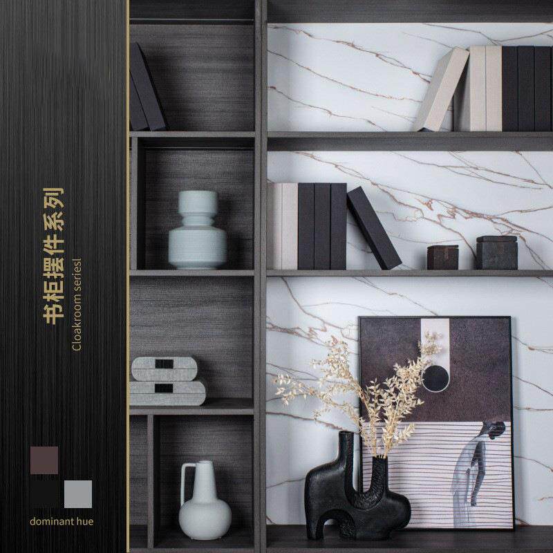 灰色侘寂风样板间书房书柜软装饰品摆件陶瓷礼盒画花艺茶叶罐套装