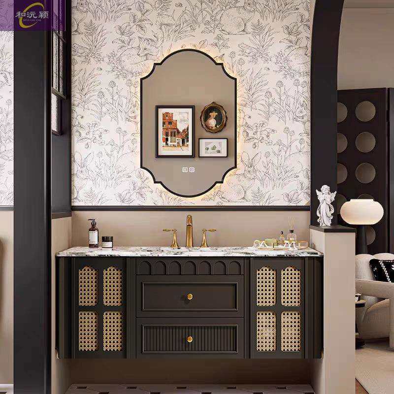 橡木藤编美式浴室柜法式复古组合卫生间洗手池陶瓷一体盆洗漱台盆