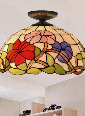 40CM欧琈蒂凡尼牵牛花彩色玻璃餐厅卧室过道走廊红色吸顶灯饰