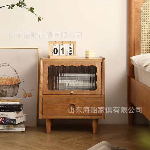 海贻家具实木床头柜玻璃樱桃木北欧家具现代简约卧室收纳床边柜