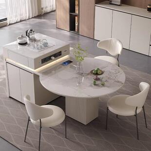 高级岩板中倒台可变圆家用一体奶油风方圆两用桌伸缩折叠岛台餐桌