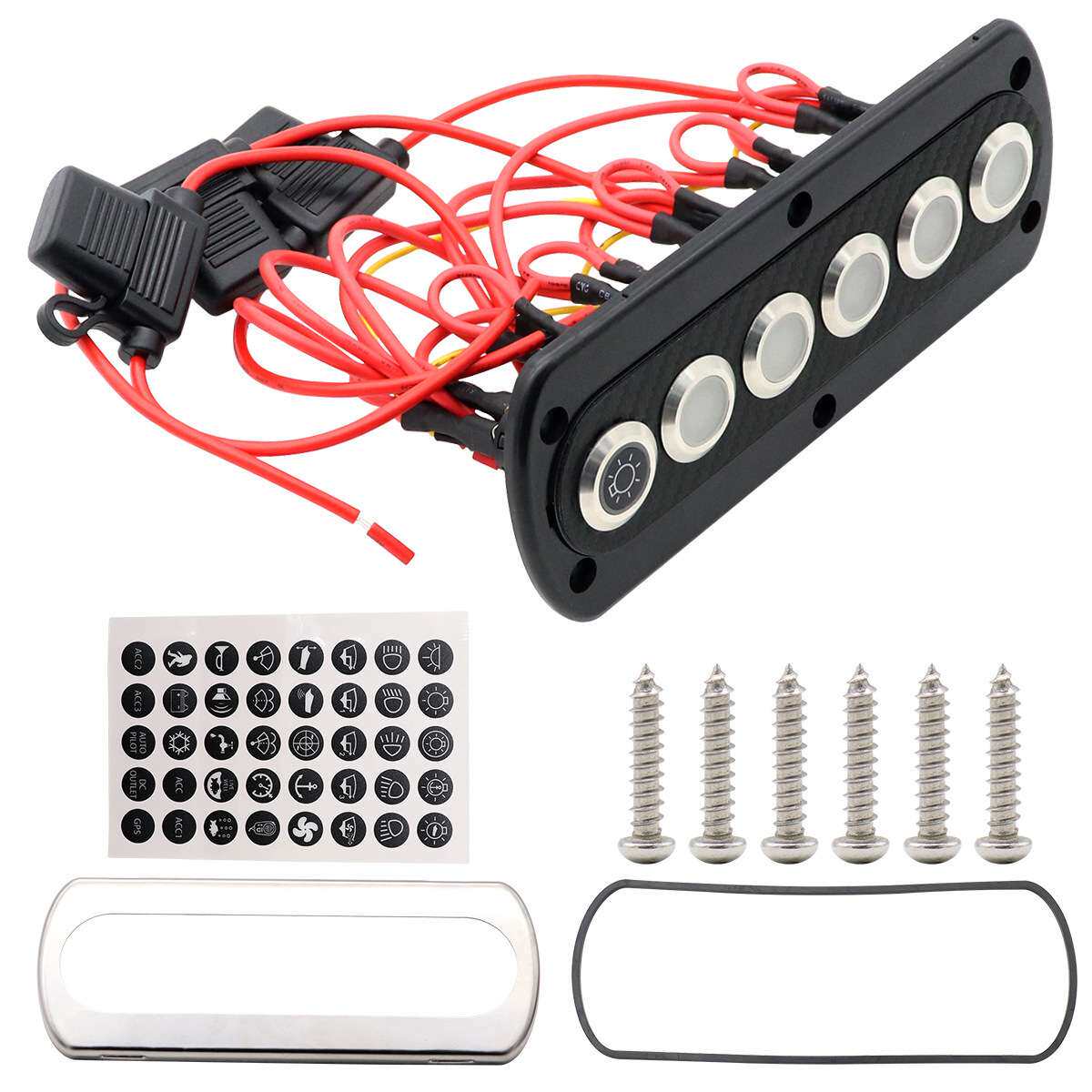 6位按钮炭纤维面板开关12V 20A新款船用游艇房车改装面板开关