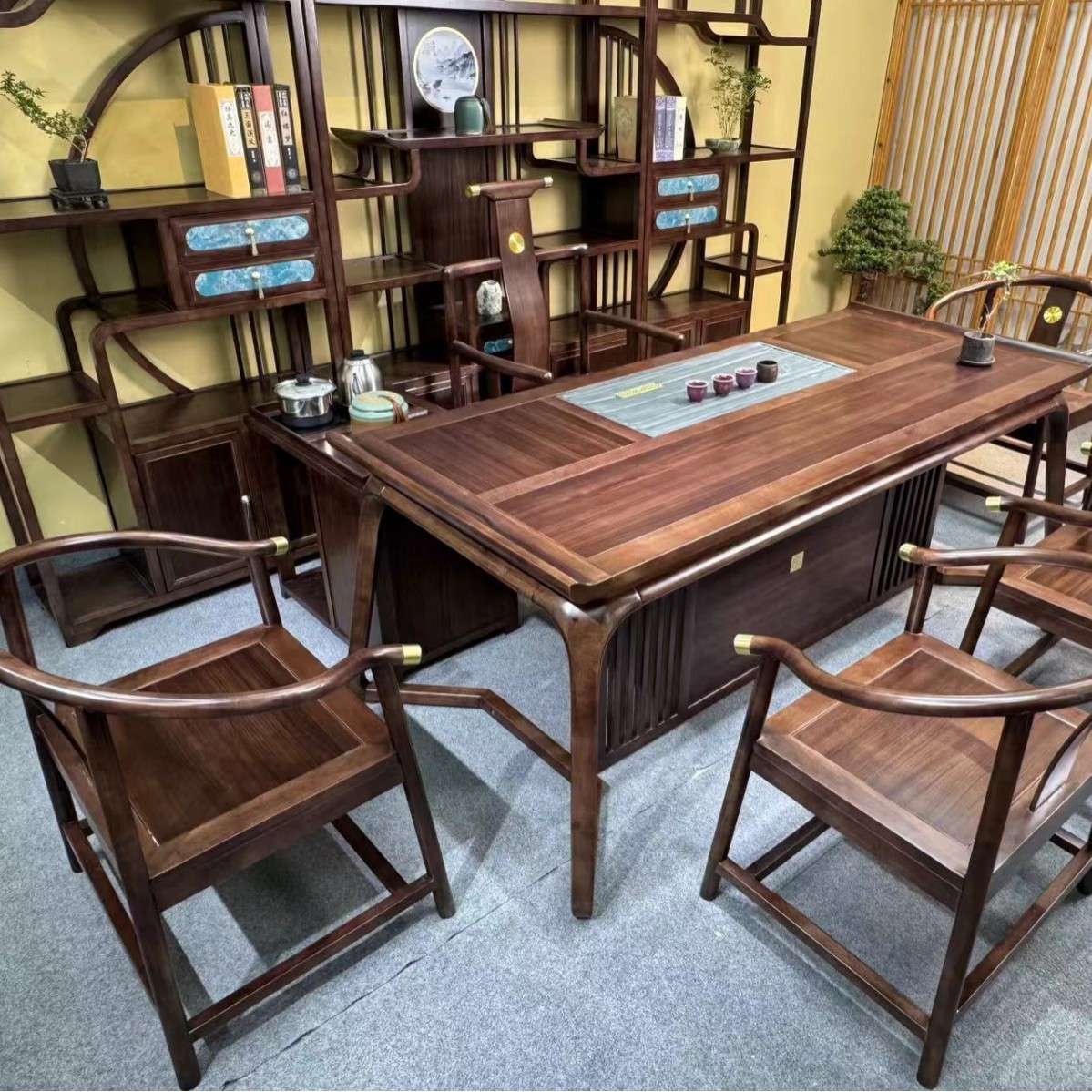 落地黑胡桃木茶桌椅组合实木泡茶桌子禅意茶台茶室家具工厂直供