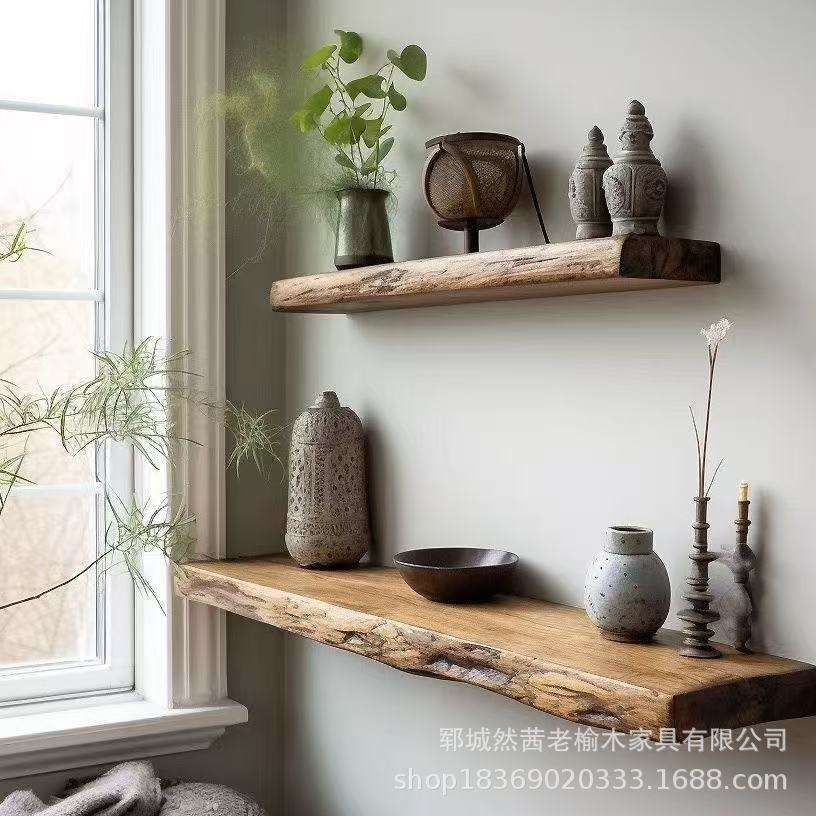 新中式老榆木置物架墙壁一字隔板收纳架壁挂式绿植茶具收藏架书架