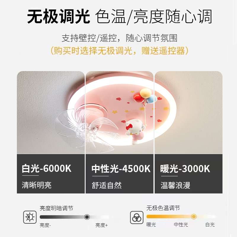 女孩卧室风扇灯KT猫智能语音纯铜电机360度摇头全光谱儿童吸顶灯