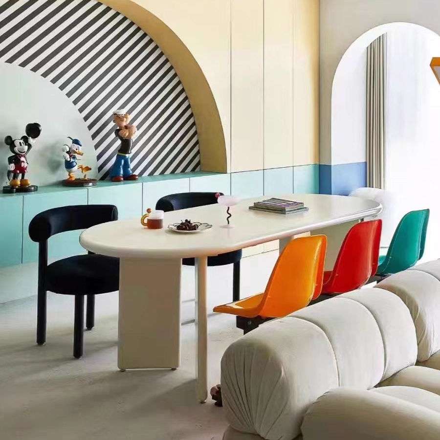 北欧奶油风餐桌家用小户型简约现代民宿中古白色椭圆形桌子工作台