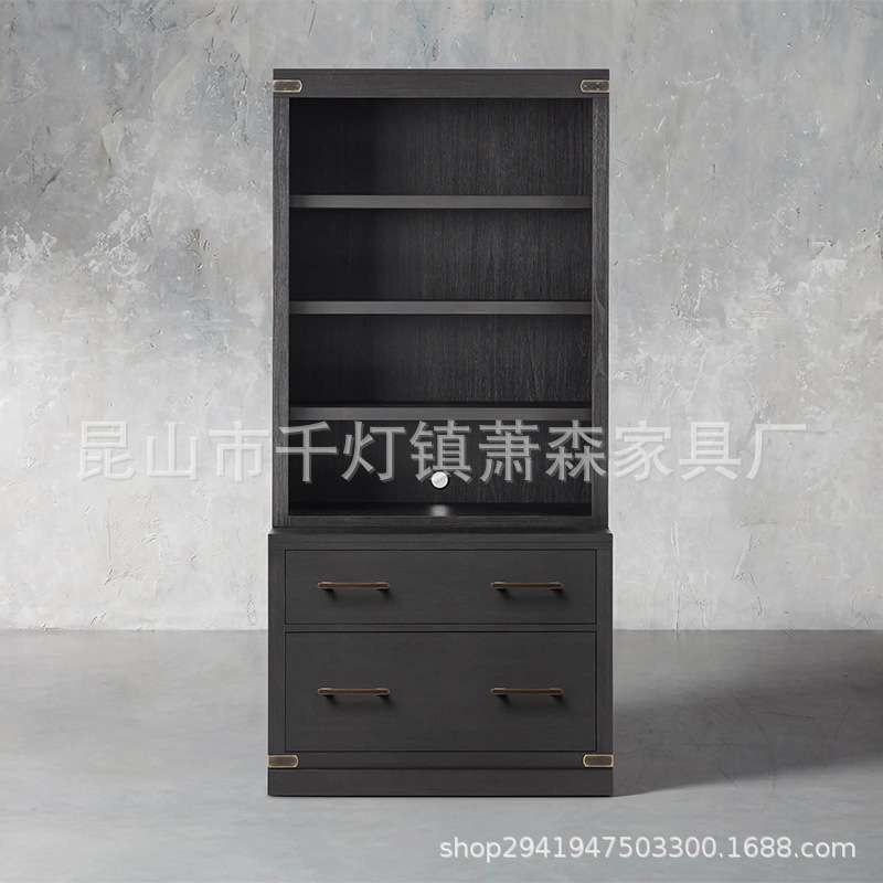美式书柜带玻璃门储物柜复古客厅展示柜斗柜书架陈列柜高窄柜立柜