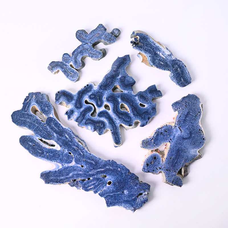 天然水晶蓝珊瑚切片水晶原石手工切割方牌切片摆件装饰板材摆件