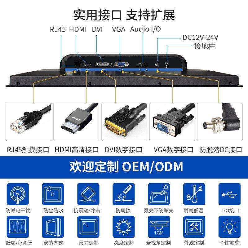 7/10/12/15/23.8寸工业显示器 机柜嵌入式 防水工控触摸屏显示器