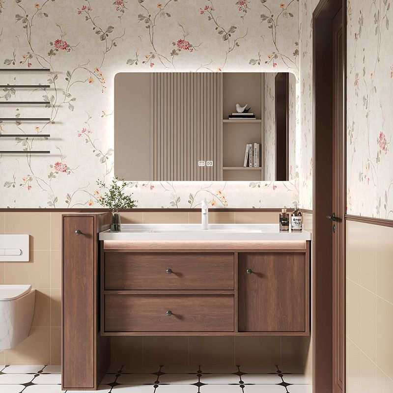 新款中古风胡桃木浴室柜组合卫生间陶瓷一体盆洗手洗脸池洗漱台面