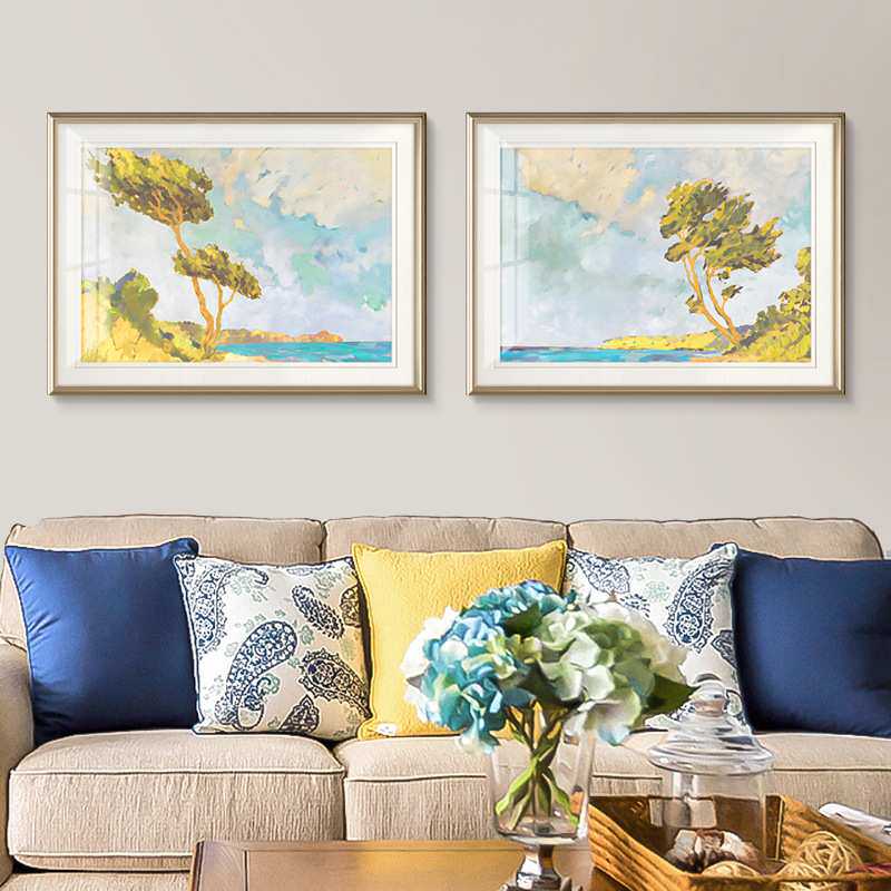 现代美式客厅沙发背景挂画法式轻奢卧室床头装饰画简欧海边挂画