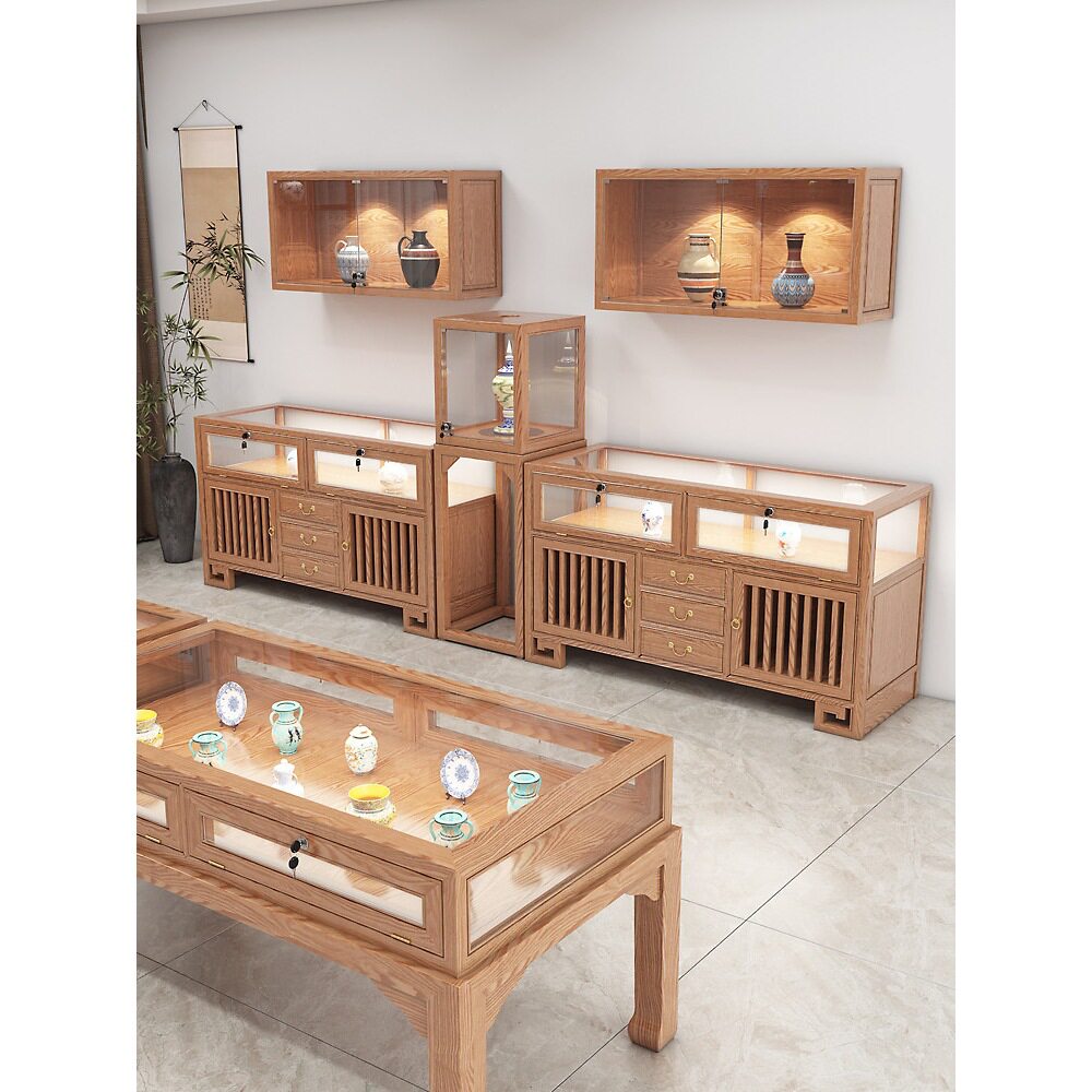 实木新中式珠宝展示柜首饰玉器饰品柜台原木风玻璃柜子展柜陈列柜