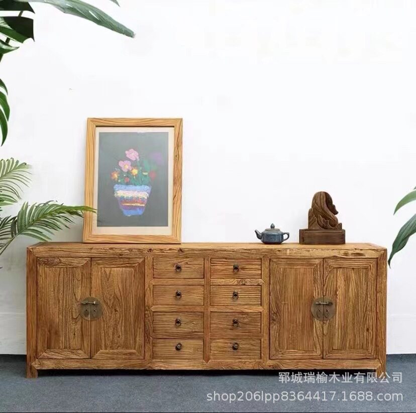 老榆木电视柜实木新中式地柜客厅储物柜子家用原木侧边靠墙餐边柜