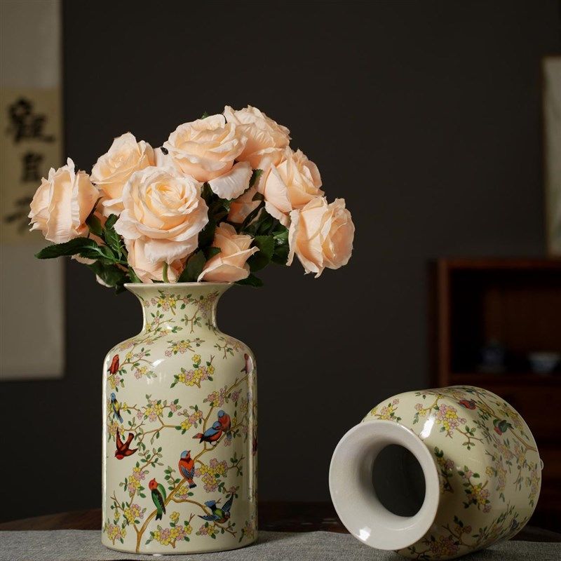 陶瓷花瓶花鸟枝头复古创意装饰新中式花器高级感插花摆件美式欧式,家居饰品,花瓶,淘宝优惠券,粉丝福利购,淘宝优惠卷